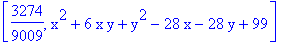 [3274/9009, x^2+6*x*y+y^2-28*x-28*y+99]